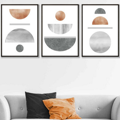 Artze Wall Art Set Of 3 Copper And Grey Abstract Mid Century Geometric ...