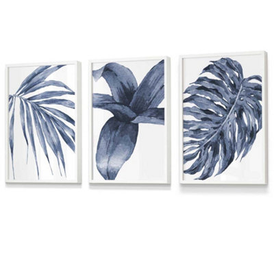 Artze Wall Art Set Of 3 Tropical Plants Navy Blue Abstract Wall Art ...