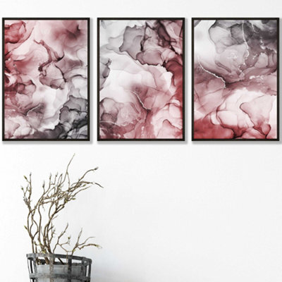 Artze Wall Art Set Of 3 Abstract Floral Fluid In Red And Grey Wall Art ...
