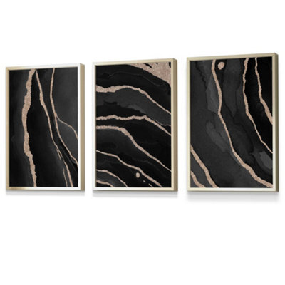 Artze Wall Art Set Of 3 Abstract Black Grey Gold Strokes Wall Art ...