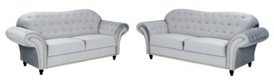 Lyon Chesterfield Style French Velvet Silver Fabric 3 + 2 Seater Sofa ...