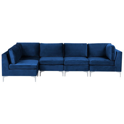 Beliani Modular Corner Sofa 5 Seater Evja Velvet Navy Blue Right Hand ...