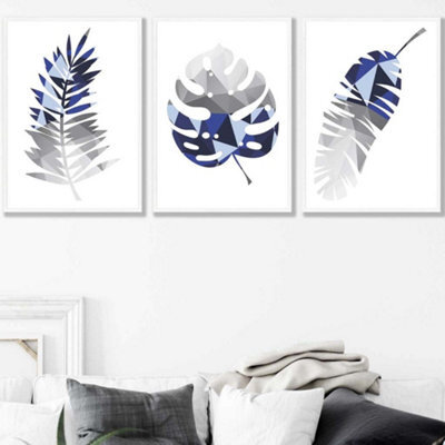 Artze Wall Art Set Of 3 Geometric Tropical Leaves In Navy Blue Grey ...