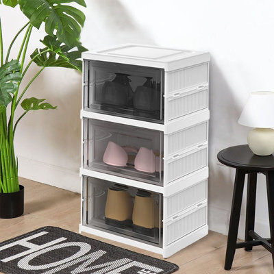 Living And Home 3 Tier 3 Compartment White Stackable Foldable Shoe ...