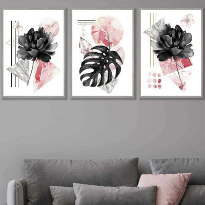 Artze Wall Art Set Of 3 Abstract Pink And Black Botanical Wall Art ...