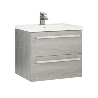 Clifton Bathroom 2-Drawer Wall Hung Vanity Unit With Ceramic Basin 600mm Wide - Silver Oak ...