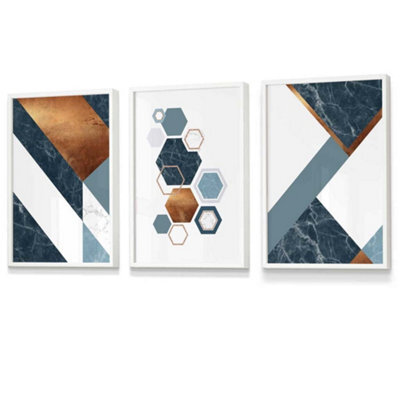 Artze Wall Art Set Of 3 Abstract Mid Century Teal Orange Geometric Wall ...
