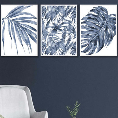 Artze Wall Art Set Of 3 Tropical Plants And Pattern Navy Blue Abstract ...