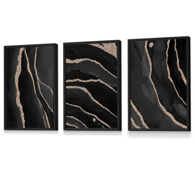 Artze Wall Art Set Of 3 Abstract Black Grey Gold Strokes Wall Art ...