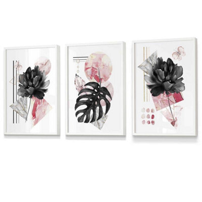 Artze Wall Art Set Of 3 Abstract Pink And Black Botanical Wall Art ...