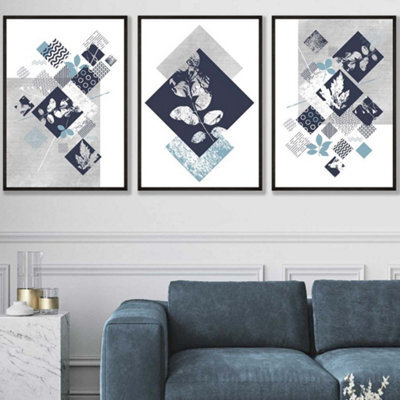 Artze Wall Art Set Of 3 Graphical Abstract Floral Navy Blue Grey Wall ...