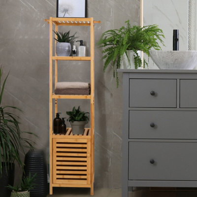 Unho Freestanding Tall Bamboo Bathroom Cabinet – Slim Storage Unit With 4 Shelves, Natural Wood