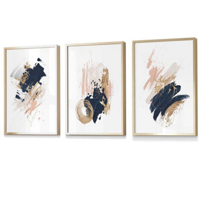 Artze Wall Art Set Of 3 Navy, Pink And Gold Prints Of Abstract Oil ...