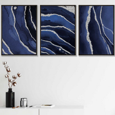 Artze Wall Art Set Of 3 Abstract Navy Blue Silver Strokes Wall Art ...