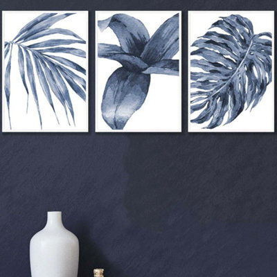 Artze Wall Art Set Of 3 Tropical Plants Navy Blue Abstract Wall Art ...