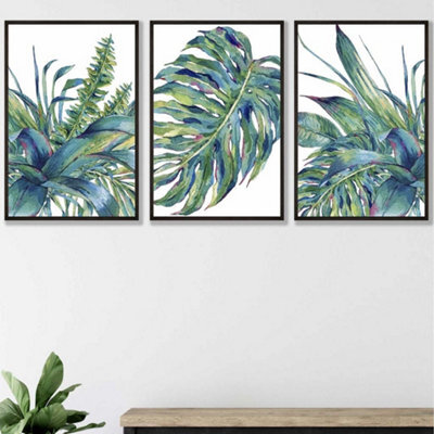 Artze Wall Art Set Of 3 Framed Blue Green Watercolour Tropical Leaves ...
