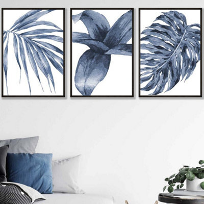 Artze Wall Art Set Of 3 Tropical Plants Navy Blue Abstract Wall Art ...