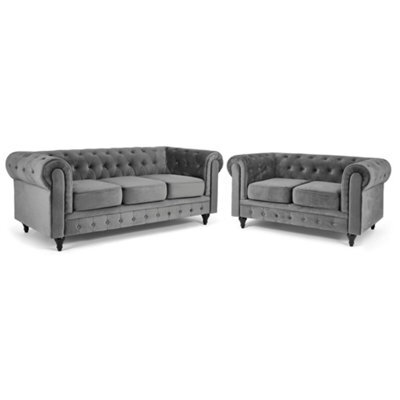 Bravich Velvet Chesterfield Sofa Suite - 2 & 3 Seater Set - Grey by B&Q ...