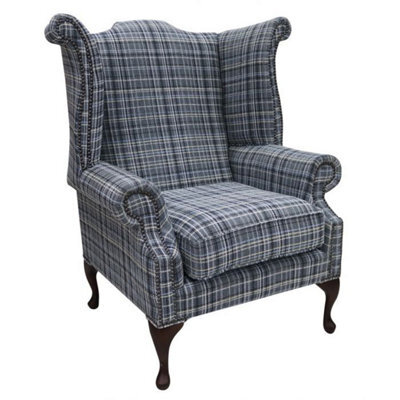 Chesterfield High Back Wing Chair Lomond Blue Fabric In Queen Anne ...