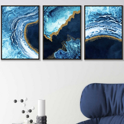 Artze Wall Art Set Of 3 Abstract Navy, Blue And Gold Oceans Wall Art ...