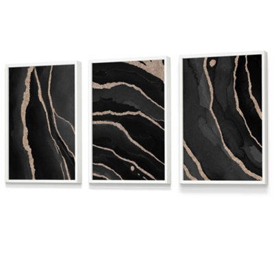 Artze Wall Art Set Of 3 Abstract Black Grey Gold Strokes Wall Art ...