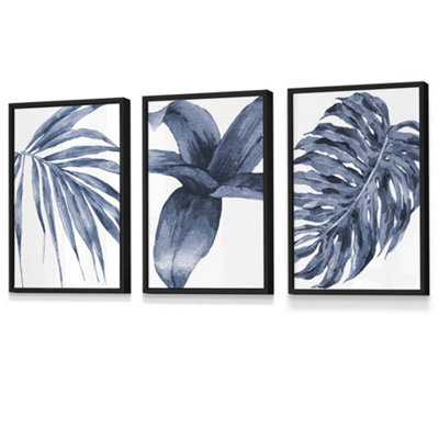 Artze Wall Art Set Of 3 Tropical Plants Navy Blue Abstract Wall Art ...