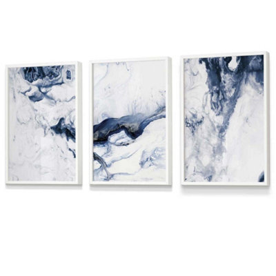 Artze Wall Art Set Of 3 Navy Blue Abstract Ocean Waves Wall Art Prints ...