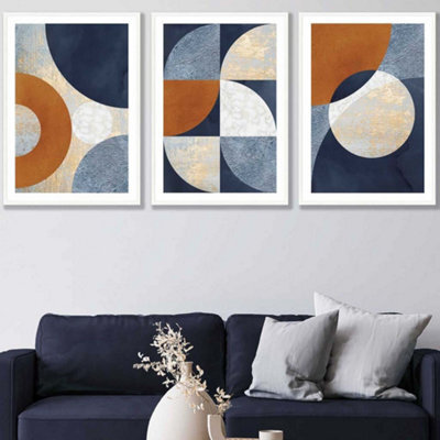 Artze Wall Art Set Of 3 Geometric Abstract Textured Circles In Navy ...