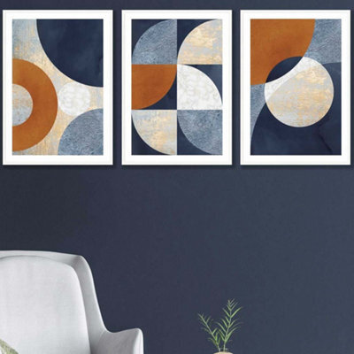Artze Wall Art Set Of 3 Geometric Abstract Textured Circles In Navy ...