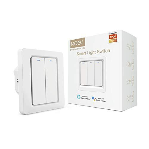 MOES WiFi Smart Light Switch Neutral Wire Needed Push Button Wall Switch Works with Smart Life/Tuya APP Remote Control, Alexa Google Home for Voice Control (2 Gang Smart Switch) - Like New
