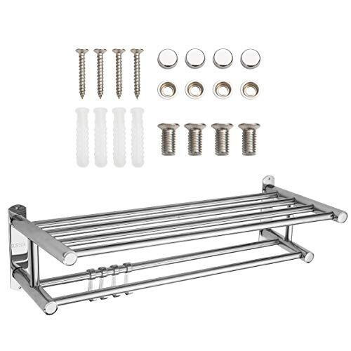 60 cm Long Towel Rack Stainless Steel SUS 304 Towel Rail Bathroom Storage Shelf with Multi Towel Bar Wall Mounted Towel Holder Brushed Rails with Hooks for Bathroom Hotel Kitchen - Like New