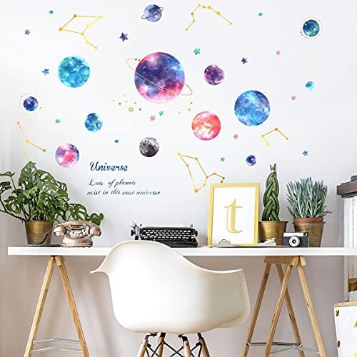 Planet and Stars Wall Decal Sticker, AUHOTA Unique Starry SkyPeel and Stick Space Wall Art Stickers for Kids Girls Boys Ceiling Window Room Bedroom Nursery Classroom Decor - Brand New