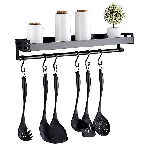 HIKENRI Black Spice Racks Organiser for Cabinets,without drill holes with 6 hooks, kitchen shelf wall for seasoning, hook-shaped rail, room aluminum spice shelf, for kitchen and bathroom - Brand New