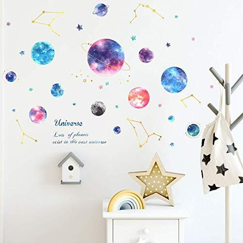 Planets in The Space Kids Wall Stickers Watercolor Planet Star Constellation Wall Decals, LINYAPRY Peel and Stick Removable DIY Solar System Starry Sky Home Decor for Kids Nursery - Brand New