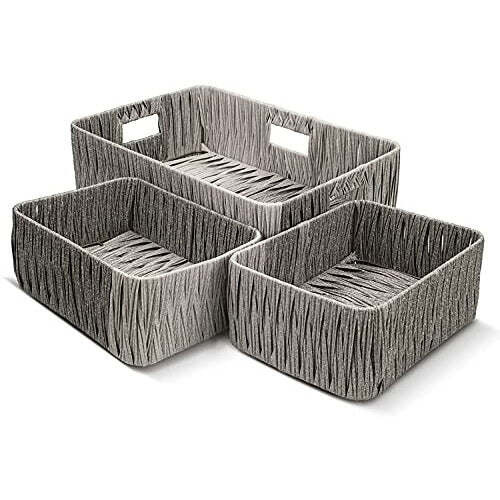 Storage Baskets for Shelves Bathroom Home Laundry Toiletries organisation Grey Woven Organizer Kitchen Bedroom Square Cleaning Shelf Imitation Wicker Basket for Cupboards Fabric Unit Box (3 Pack) - Brand New