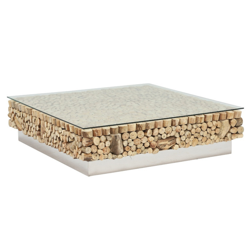Caspian Avant Garde Driftwood & Glass Square Coffee Table W120cm