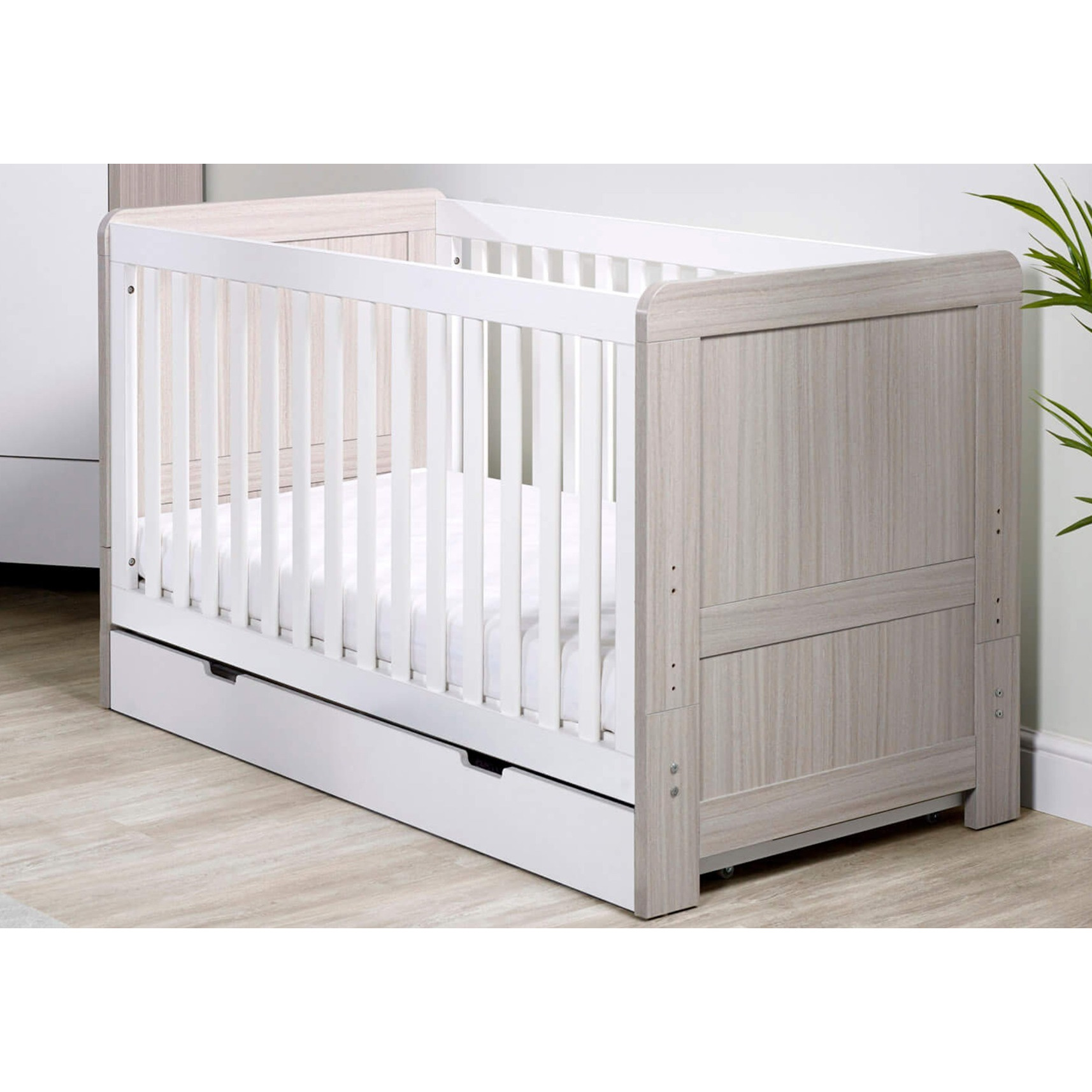 Ickle Bubba Pembrey Ash Grey and White Cot Bed with Under Drawer by Bed