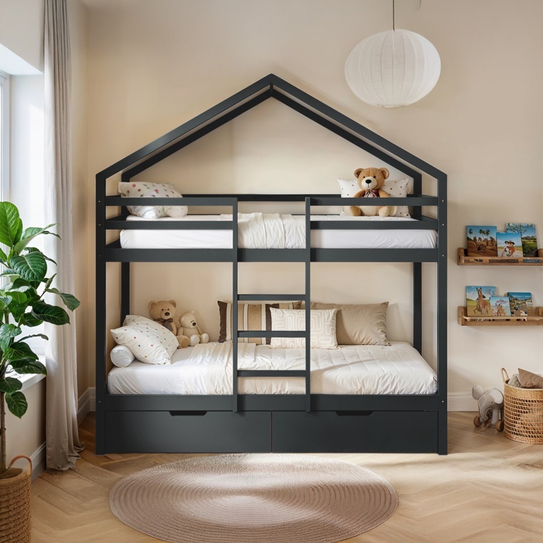 Flair Nest Wooden House Bunk Bed Grey by Bed Kingdom