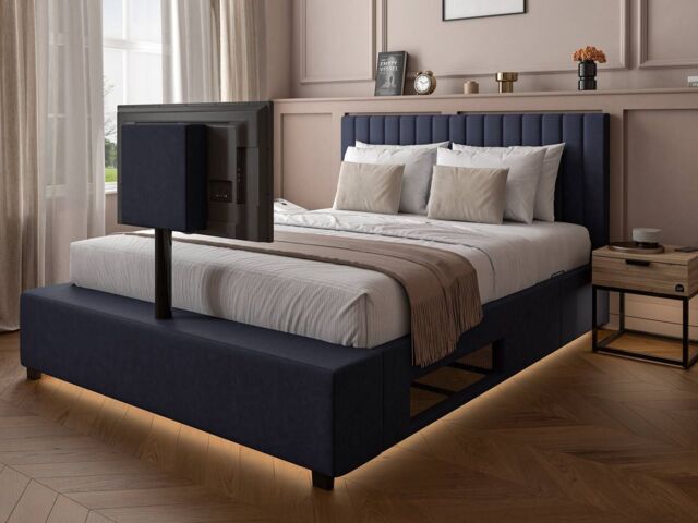 Bed Led Rocker X Rocker Maisie Upholstered TV Bed with LED Lighting-Navy Blue -Double ...