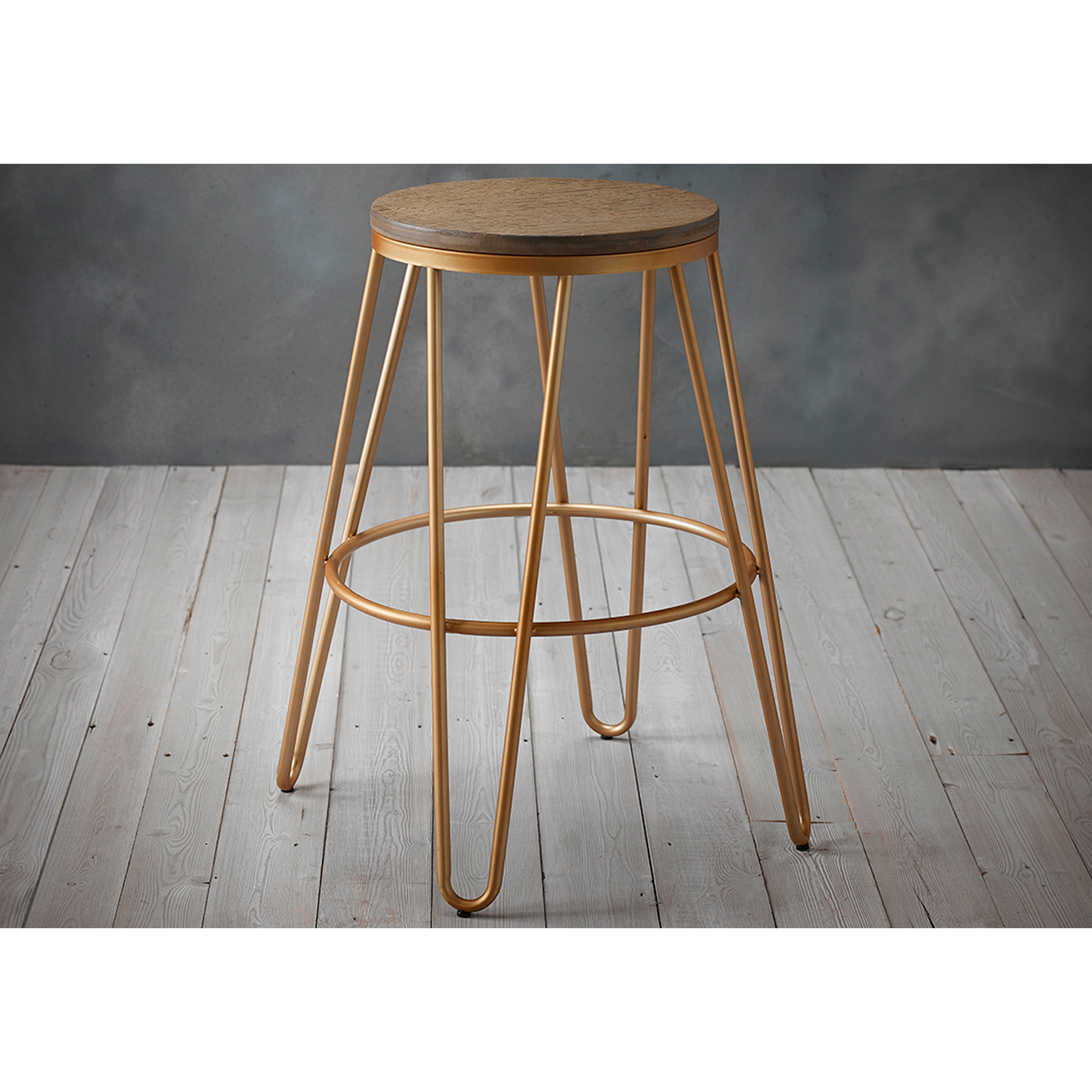 LPD Ikon Wood Seat With Metal Hairpin Leg Bar Stool Gold by Bed Kingdom