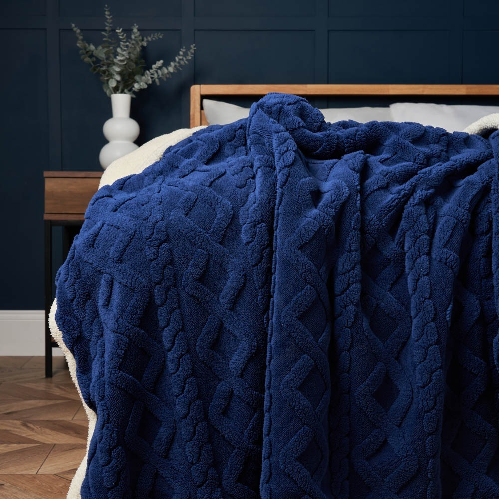 Cable Knit Throw with Sherpa Backing, Navy by BHS