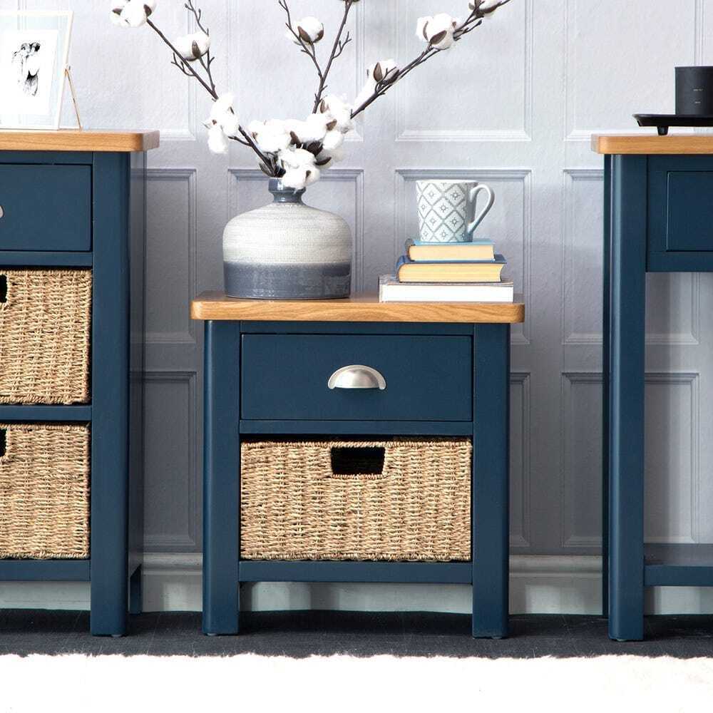 Rutland Blue Painted Oak 1 Drawer 1 Wicker Basket by Chiltern