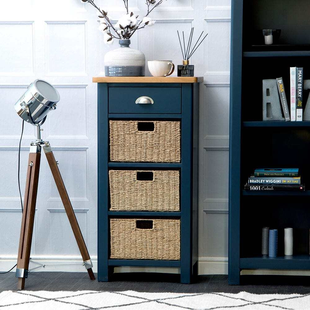 Rutland Blue Painted Oak 1 Drawer 3 Wicker Basket by Chiltern