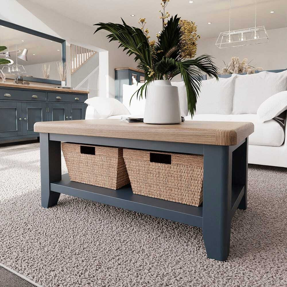 Wessex Smoked Oak Blue Painted Coffee Table With Wicker Baskets by