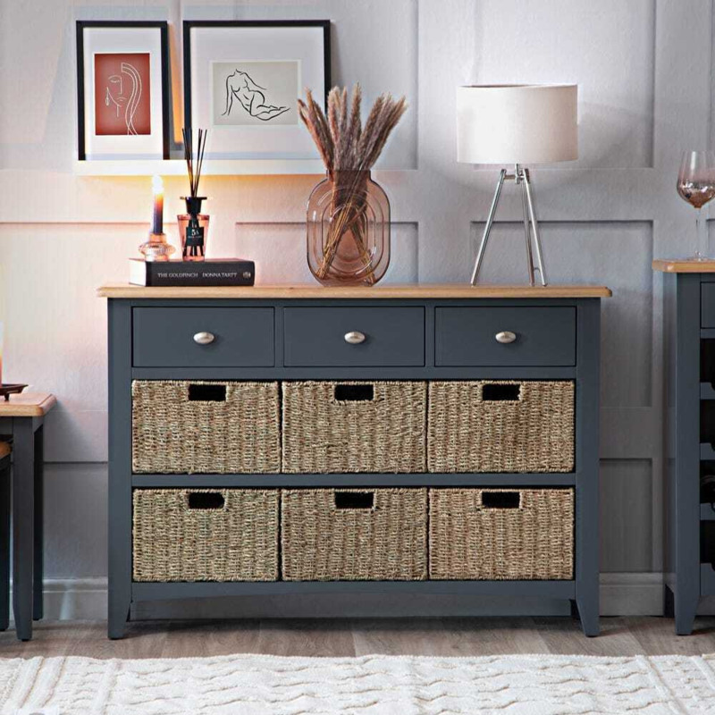 Gloucester Midnight Grey Painted 3 Drawer 6 Wicker Basket by
