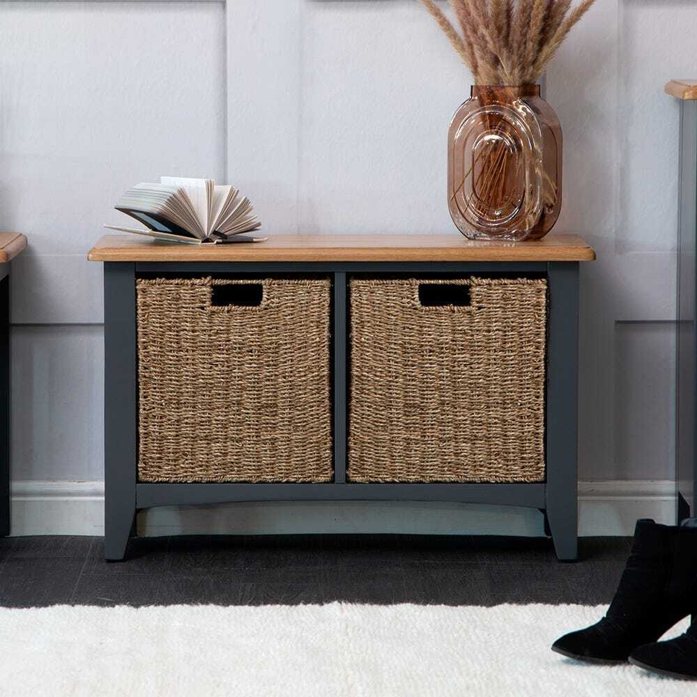 Gloucester Midnight Grey Painted Hall Bench with Wicker Baskets by
