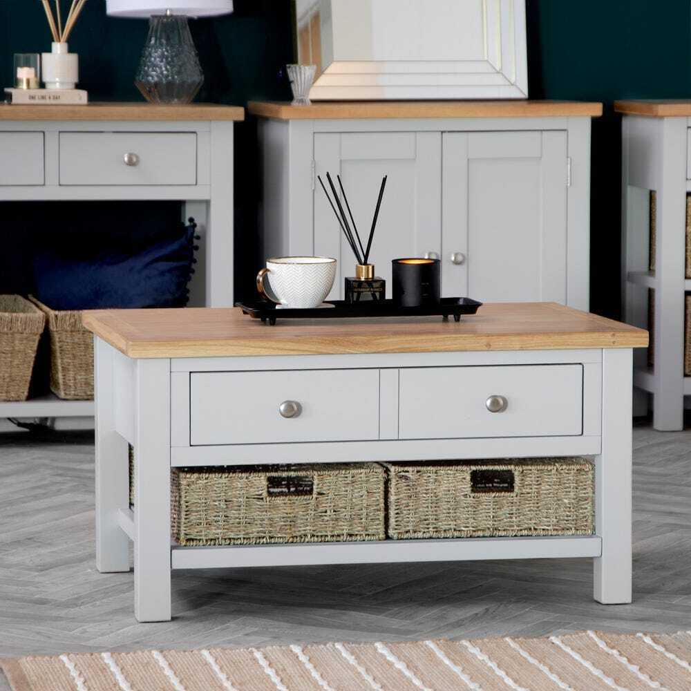 Salisbury Grey Painted Oak Coffee Table with Wicker Baskets by Chiltern