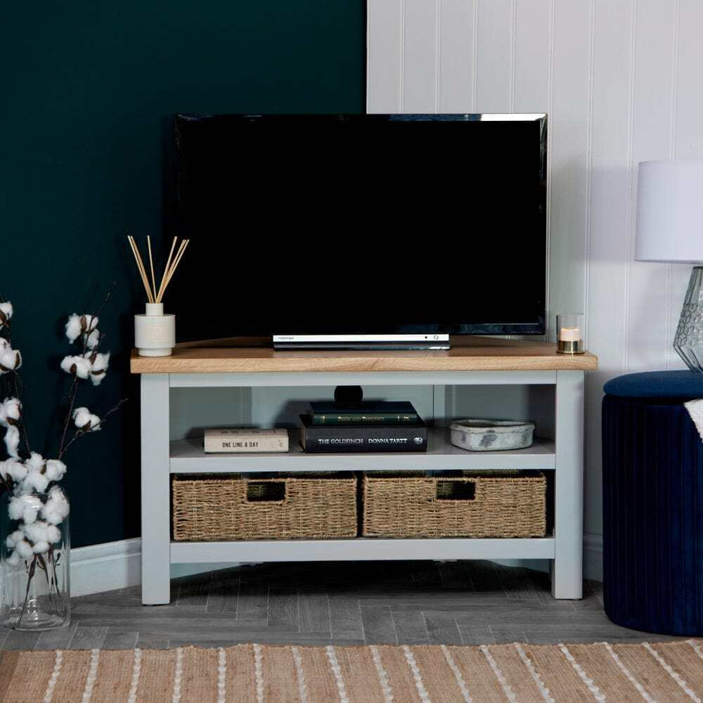 Salisbury Grey Painted Oak Corner TV Unit with Wicker Baskets by
