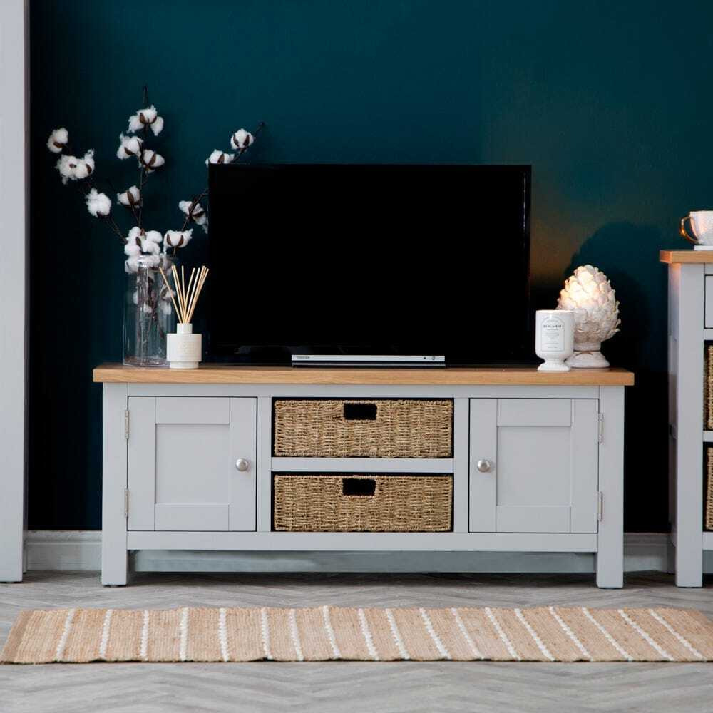 Salisbury Grey Painted Oak Large TV Unit with Wicker Baskets by
