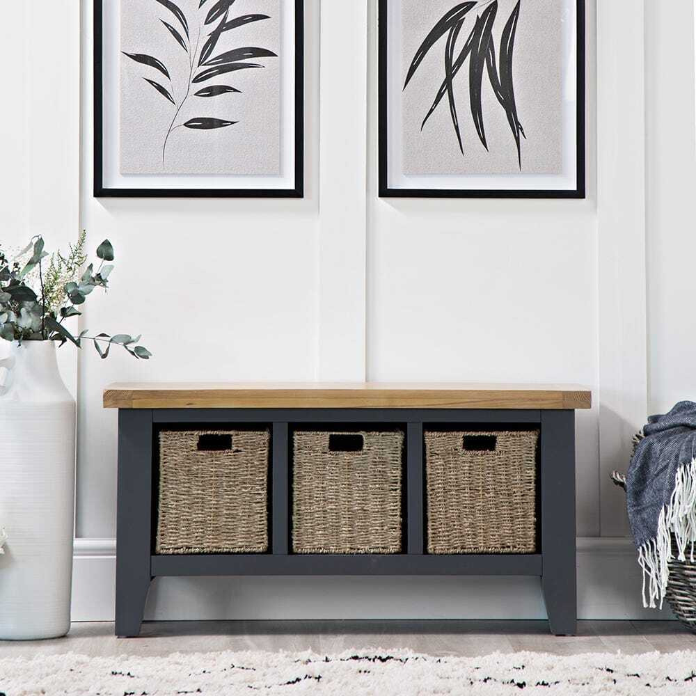 Suffolk Midnight Grey Painted Oak Large Hall Bench with Wicker Baskets by Chiltern Oak Furniture